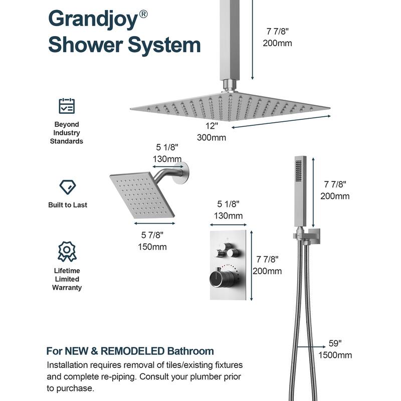GRANDJOY Dual Shower Heads System 12" & 6" Rainfall Shower Head with Handheld Sprayer