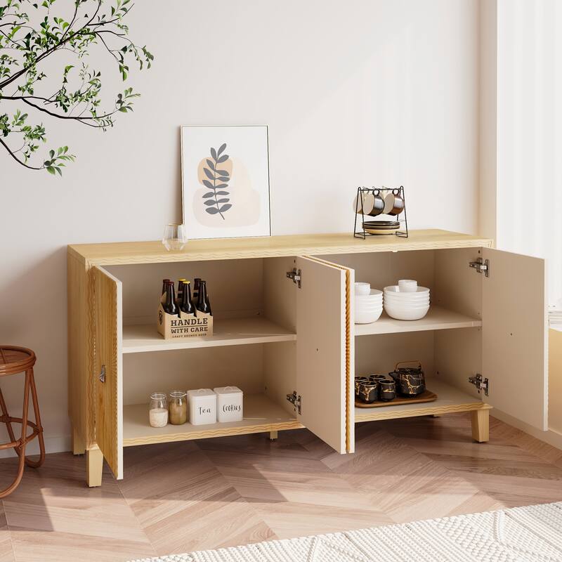 Wooden Storage Cabinet with 4 Doors, Carved Scatter Pattern Sideboard, Large Buffet Cabinet with Adjustable Shelves