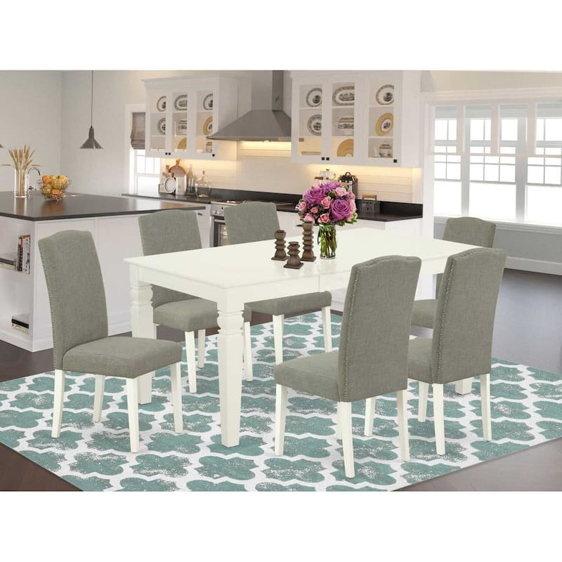 Rectangular Dinette Table Set 7Pc - 42/60" Table w/ Leaf & 6 Parsons Chairs - Linen White Legs