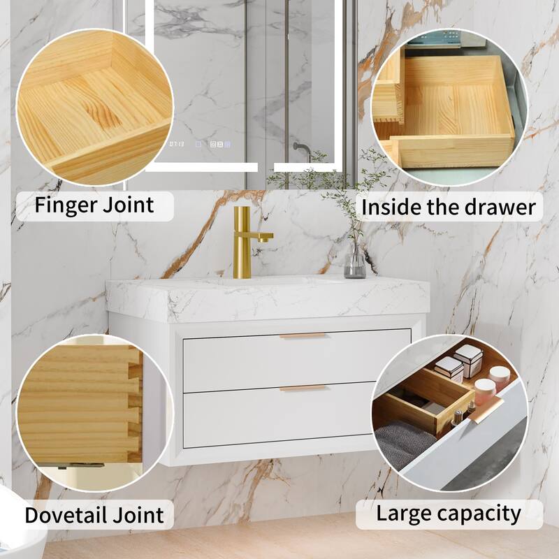 Modland 36" Wall-Mount Vanity with LED Light & 2 Soft-Close Drawers - Solid Oak, Black,White,Blue,Green - 36 inch