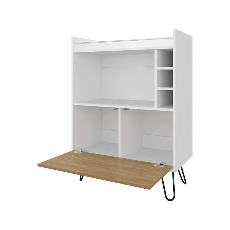 Otho Bar Cabinet with Drop-Down Door, Wine Storage, Open Shelves, and Hairpin Legs