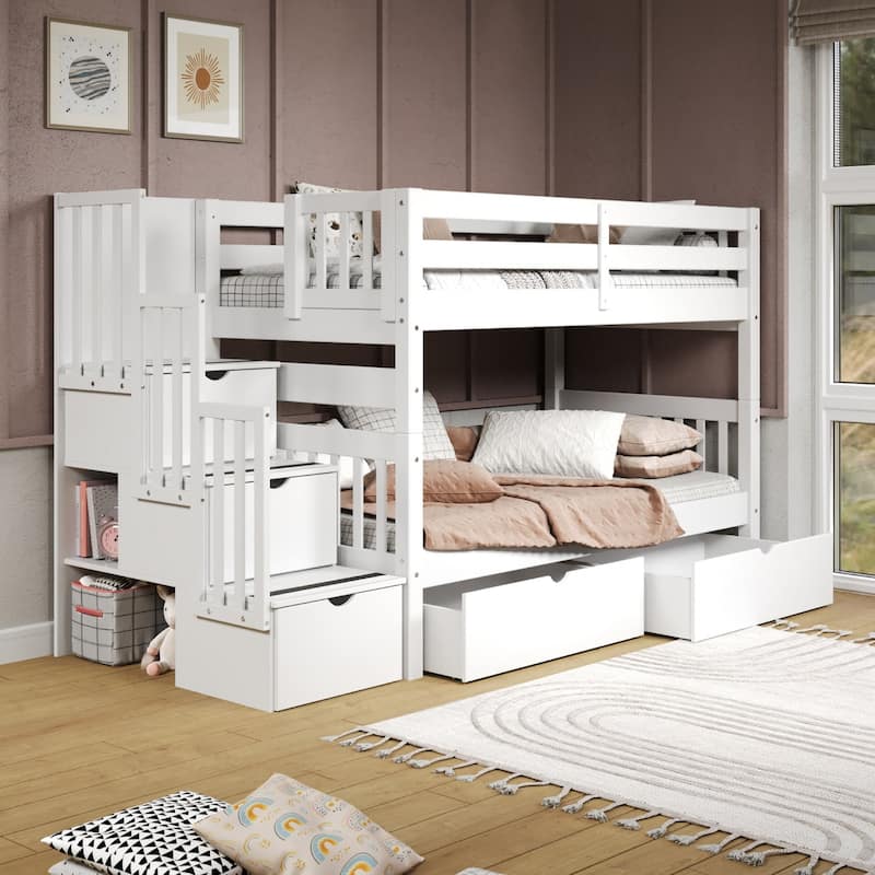 Taylor & Olive Trillium Twin over Twin Stairway Bunk Bed, 2 Drawers - White