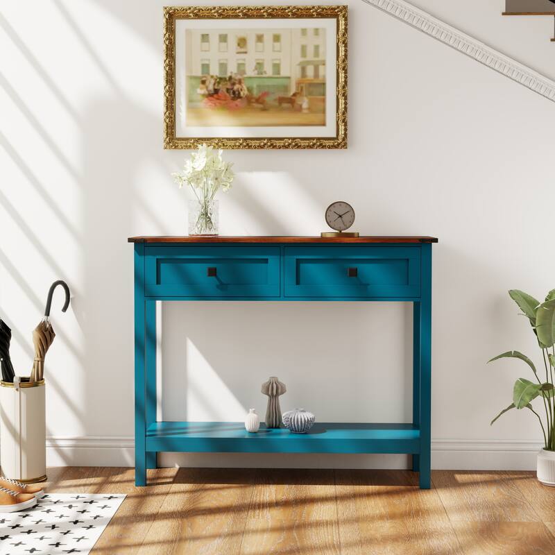 Anmytek Blue Console Table with 2 Drawer and Bottom Storage Shelf,Rustic Side Table for Entryway