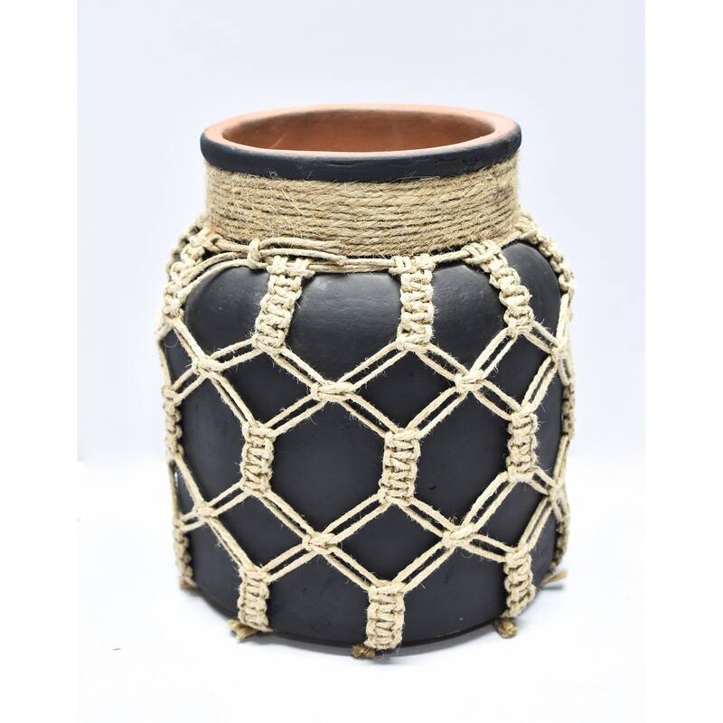 Vase Lg Mud & Rope Natural Finish Dia 7.5" & H 8.3" - NATURAL - Black