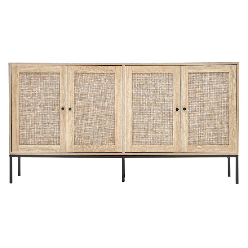 59 Inch Freestanding Rattan Cabinet with 4 Doors and Adjustable Shelves Sturdy Wood Sideboard Unit - 59.1 x 14.1 x 31.5 in