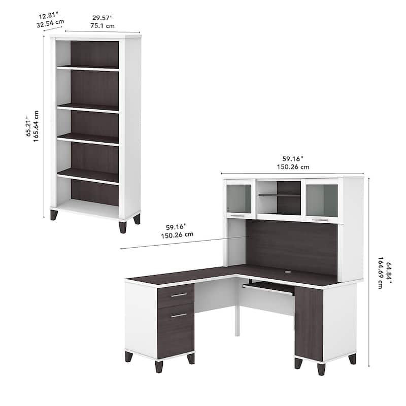Somerset 60W L Shaped Desk with Hutch and 5 Shelf Bookcase in Ash Gray