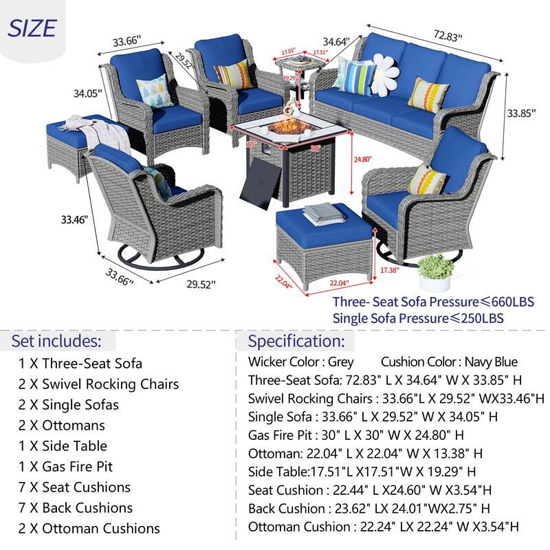OVIOS 9-piece Patio Wicker Swivel Chair Set With 30" Fire Pit