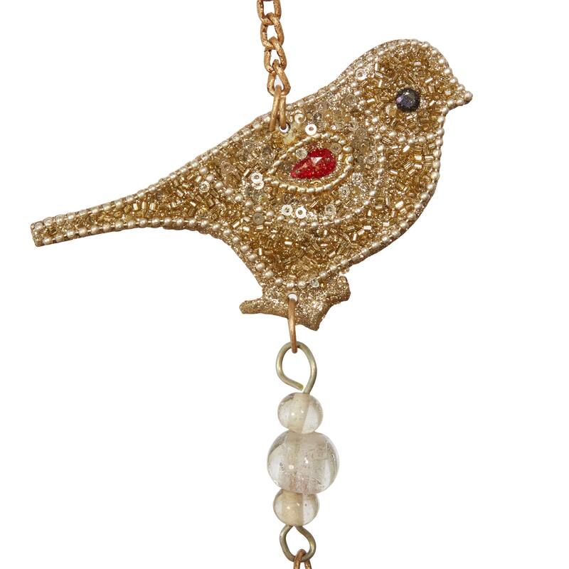 Metal Bird Handmade Embellished Indoor Outdoor Windchime with Glass Beads and Cone Bells - Gold - Roche River Decor