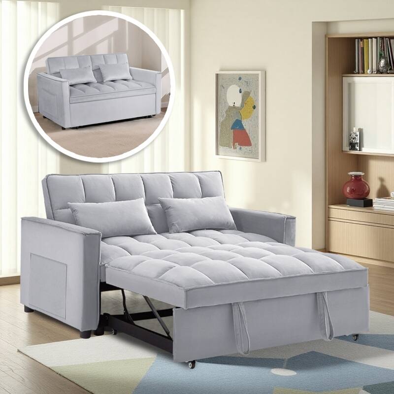 54” Velvet Pull-out Sleeper Sofa Bed,with 3 Adjusting Reclining Back & Storage - Solid Wood Frame,Twin Size-54” x 35.5” x 30”H