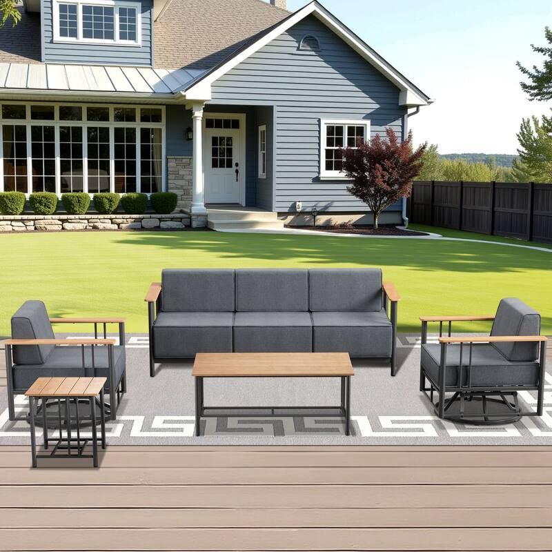 Outdoor Patio Funiture Set with Extra-Thick Seat cushion - Black & Dark Grey Cushion - 5PCS Sofa Swivel Chair with Table