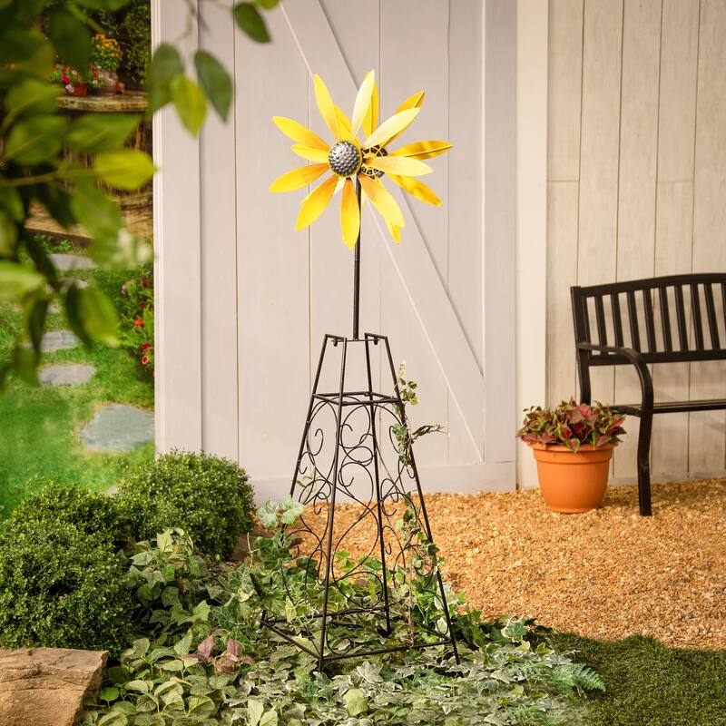 56 in. Yellow Flower Trellis Metal Wind Spinner