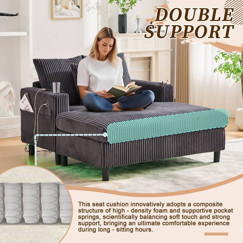 Corduroy Recliner Sofa - Oversized Deep Seat with USB, RGB Lights, Cup Holder & Side Pocket - Living Room, Bedroom