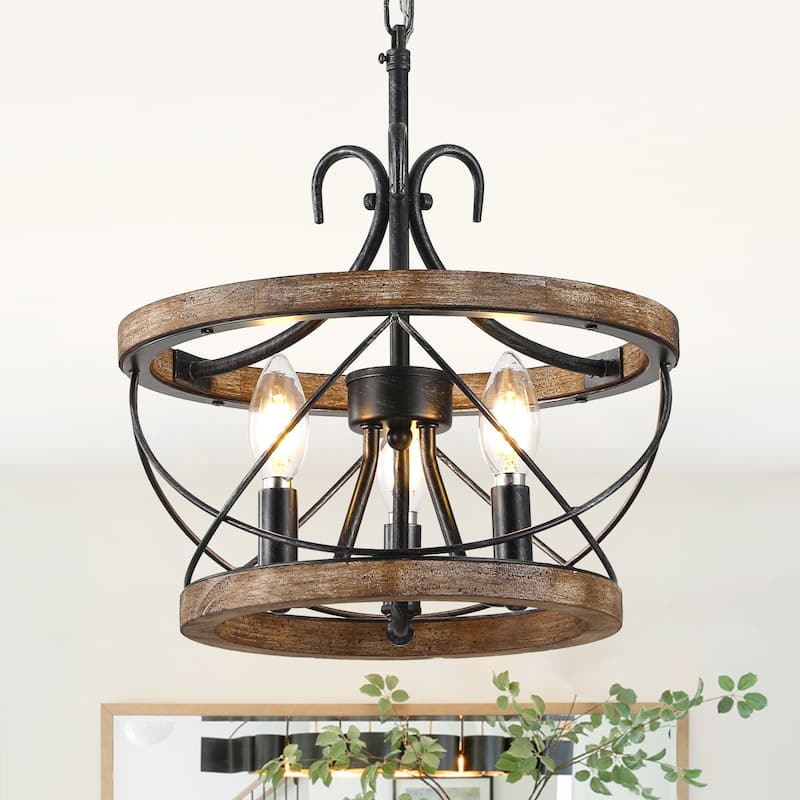 Cusp Barn 5-Light Farmhouse Wood Chandelier Adjustable Handmade Rustic Drum Ceiling Light Fixture Hanging Lamp for Foyer Kitchen