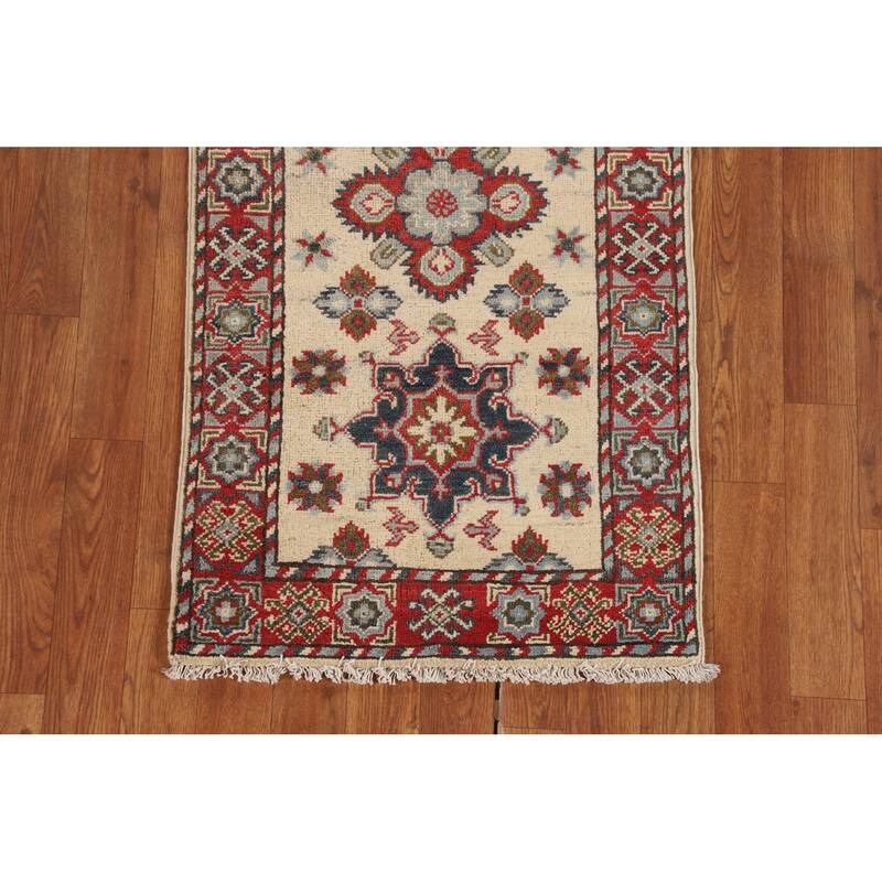 Geometric Kazak Oriental Runner Rug Hand-Knotted Hallway Wool Carpet - 2'0" x 5'10"
