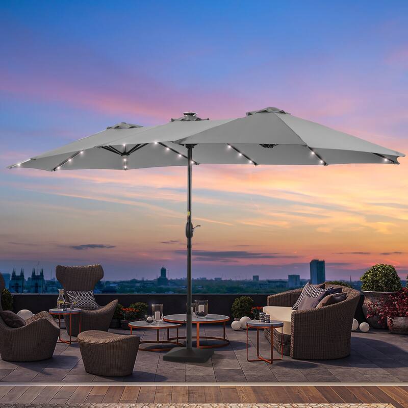 Livoosun 15×9FT LED Double-sided Patio Umbrella with BASE UPF50+ and Handle, and Wind-Resistant Design - Warm grey