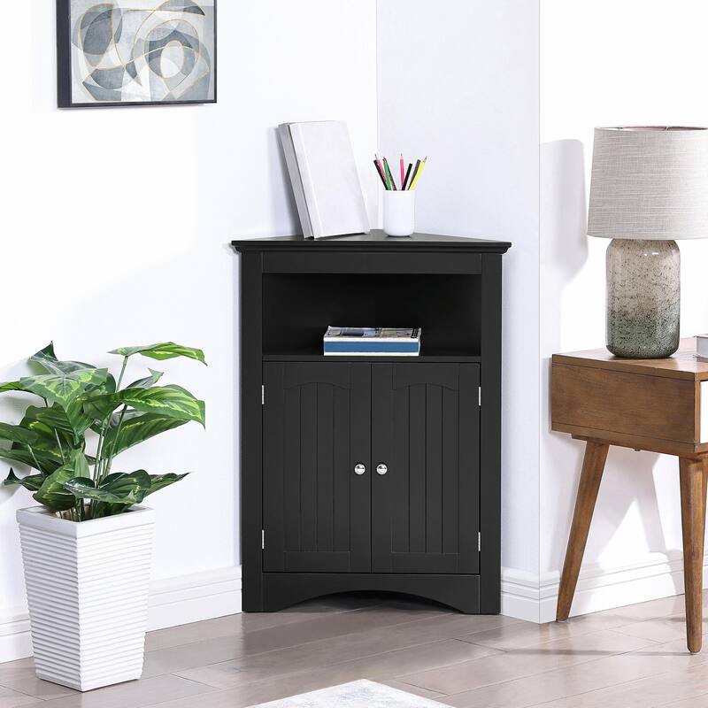Free-Standing Corner Storage: Perfect for Bathroom, Kitchen, and Living Room. Features Doors, Shelves
