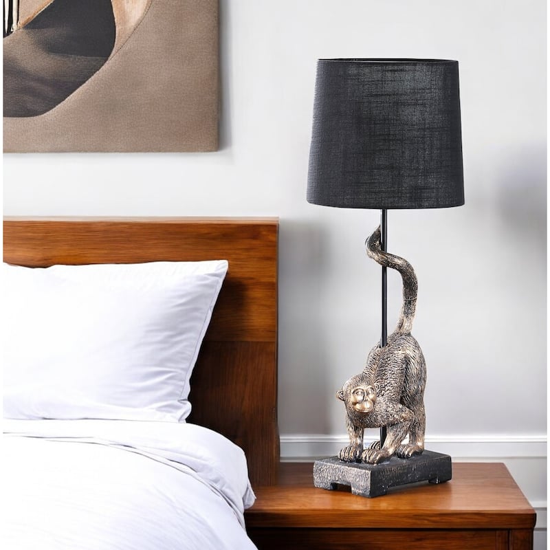 HomeRoots Antiqued Gold Monkey Table Lamp With Black Drum Shade - 9
