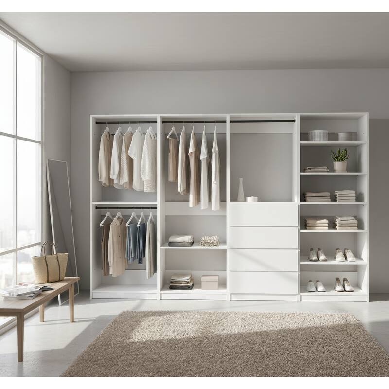 Prosper White Freestanding Walk in Wood Closet System - 125.6"W x 15.7"D x 83" H