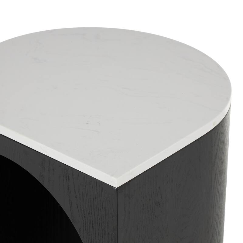 Brown or Black Wood Cutout Arch Side End Accent Table with White Marble Tabletop