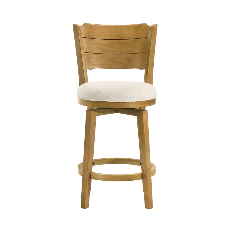 Winsley Coastal Modern Swivel Wood Counter Height Kitchen Bar Stool with White Boucle Fabric Upholstered Seat