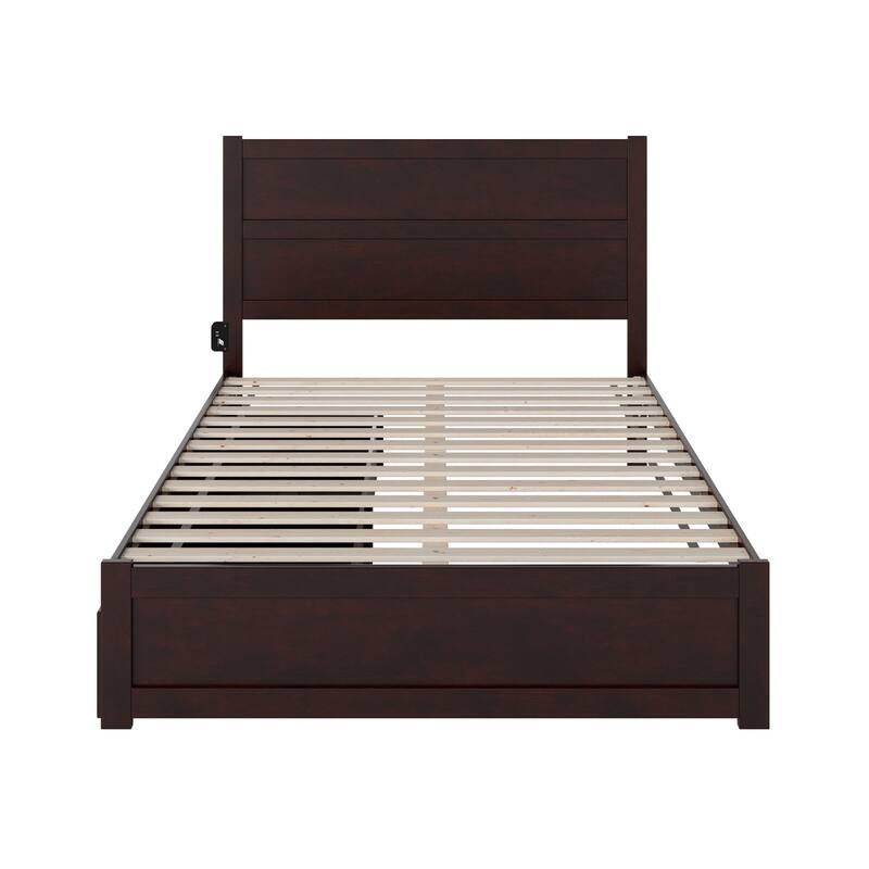 Medieval Queen Bed with Drawers & Charging Station - Solid Wood Platform Bed Frame - Espresso Finish