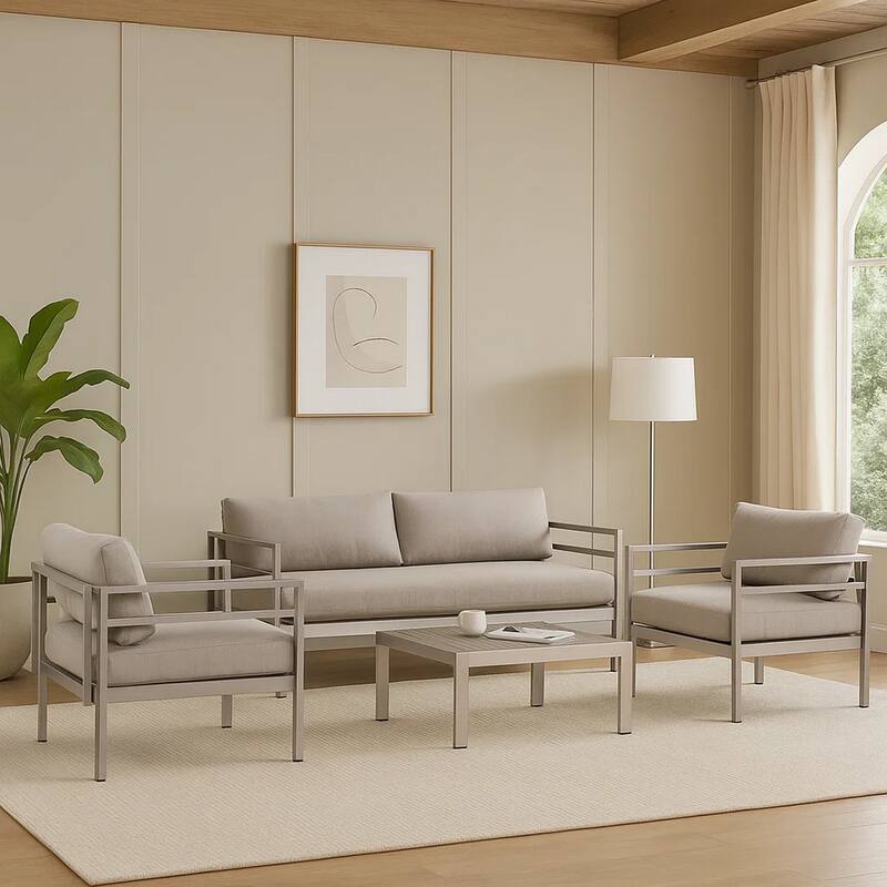 3 Piece Sectional Fabric Upholstered Sofa Set with Table, Gray and Silver