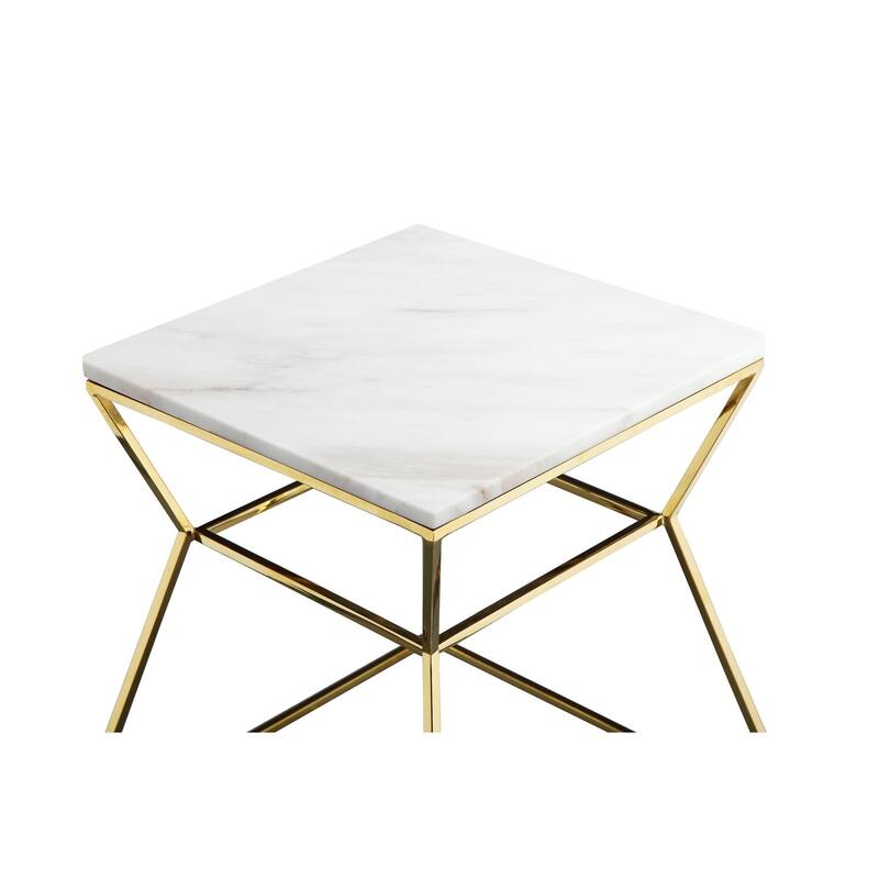 18 in. White and Gold Rectangle Faux Marble End Table, Durable Hourglass Frame
