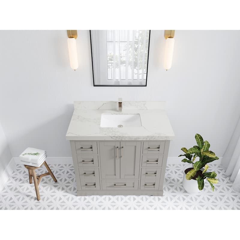 Willow Collection 42 in W x 22 in D x 36 in H Boston Single Bowl Sink Bathroom Vanity with Countertop - 2"Calacatta Nuvo - Elephant Skin Gray