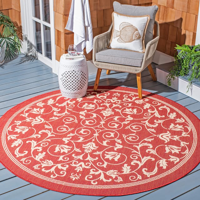 SAFAVIEH Courtyard Clarine Indoor/ Outdoor Waterproof Patio Backyard Rug - 5'3" x 5'3" Round - Red/Natural