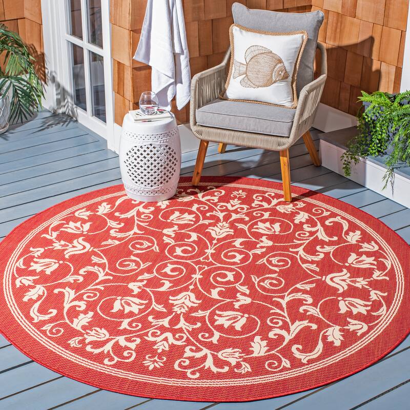 SAFAVIEH Courtyard Miljeta Indoor/ Outdoor Waterproof Patio Backyard Rug - 6'7" Round - Red/Natural