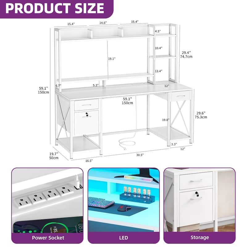 Moasis 59" Computer Desk with Hutch and Shelves, LED Gaming Desk with Monitor Stand