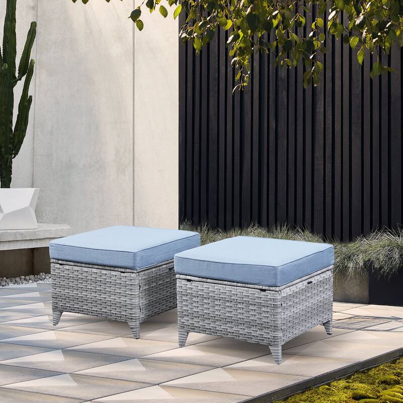 Gymojoy Outdoor Durable Wicker Ottomans with Olefin Cushions - 2-Piece - Light Gray Wicker / Babyblue Cusion