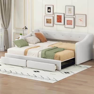 Roomfitters Twin XL to King Size Upholstered Daybed with Adjustable Frame and Storage Drawers