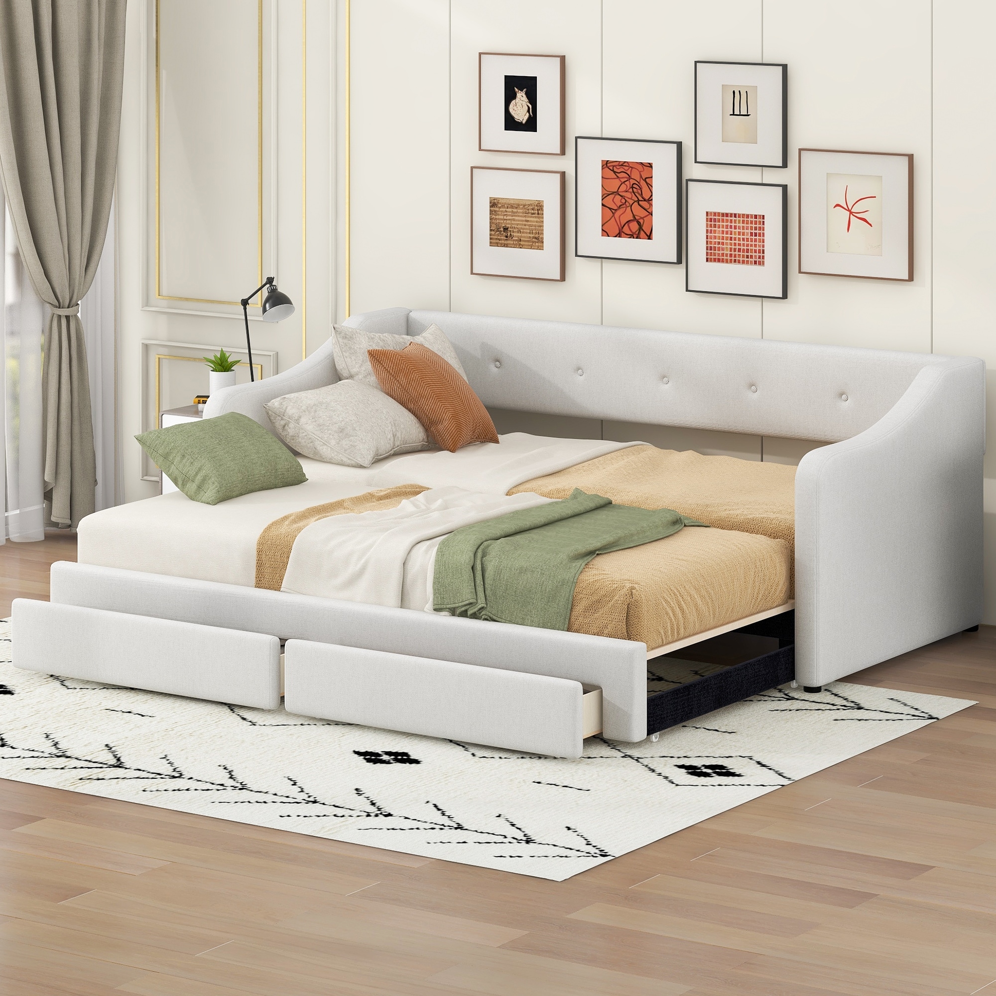 Roomfitters Twin XL to King Size Upholstered Daybed with Adjustable Frame and Storage Drawers
