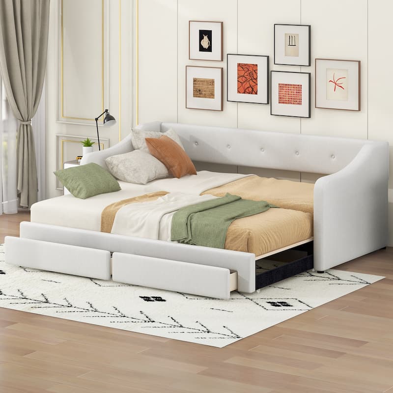 Twin XL to King Size Linen Fabric Daybed, Pull Out Upholstered Platform Sofa Bedframe with 2 Drawers, Wood Slats Support