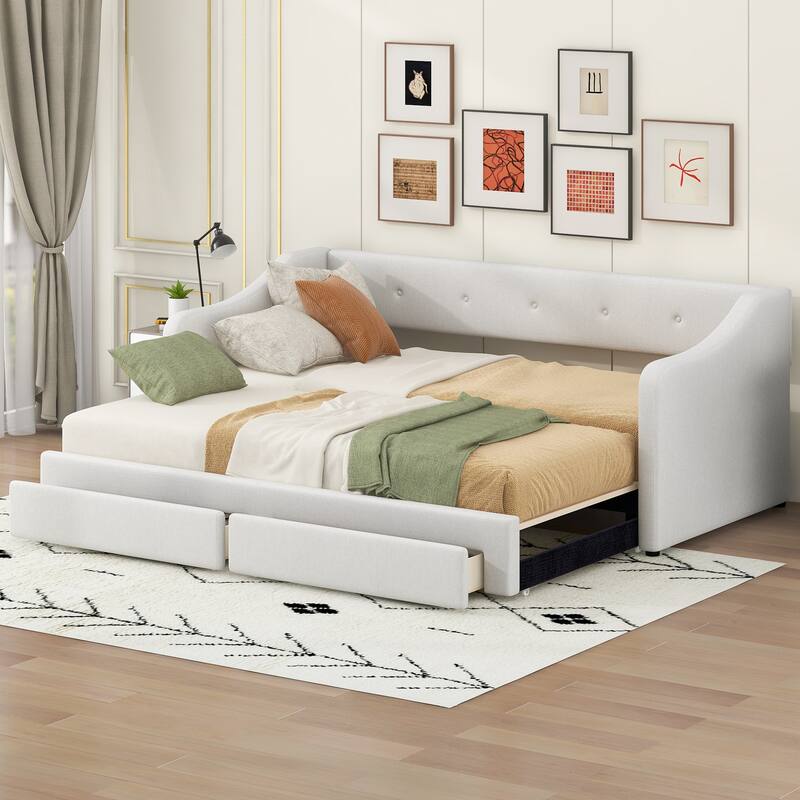 Twin XL to King Upholstered Daybed with Two Storage Drawers, Expandable Design, No Box Spring Required - Beige