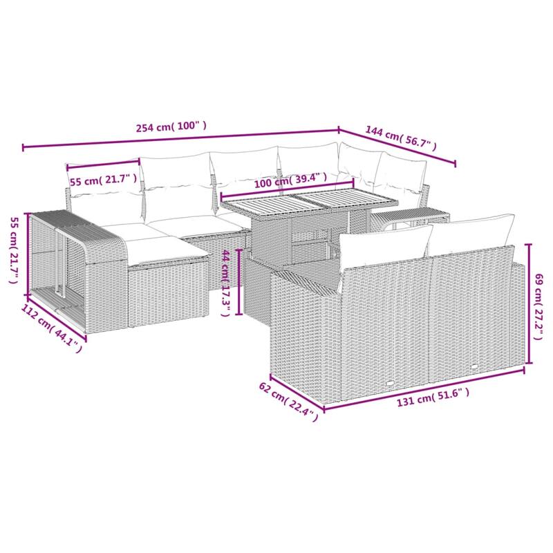vidaXL Patio Sofa Set with Cushions Outdoor Furniture 11 Piece Poly Rattan - 21.7 x 39.4 x 28.7 in
