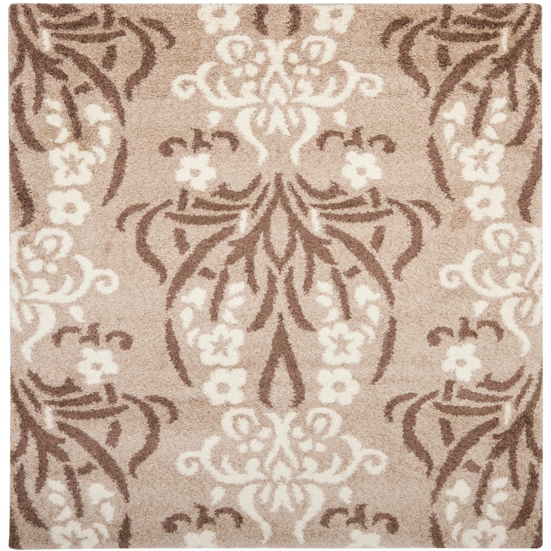 SAFAVIEH Florida Shag Niloufar Damask 1.2-inch Thick Rug - 6'7" Square - Beige/Cream