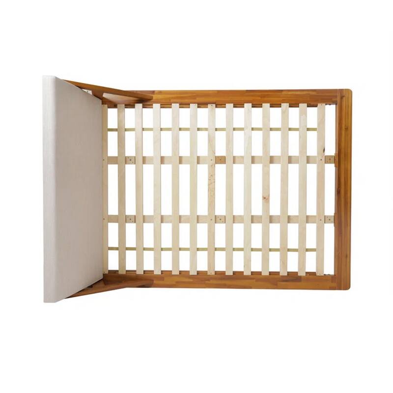 Queen Size Bed, Beige Upholstered Headboard, Natural Brown Acacia Wood