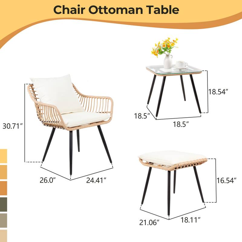 5-Piece Outdoor Wicker Bistro Chairs Set with 2 Armchair, 2 Ottoman, and Glass Coffee Table