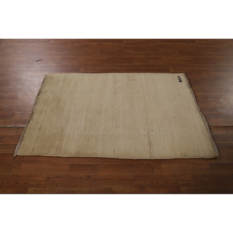 Gabbeh Modern Rug Handmade Beige Wool Carpet - 3'3" x 4'10"