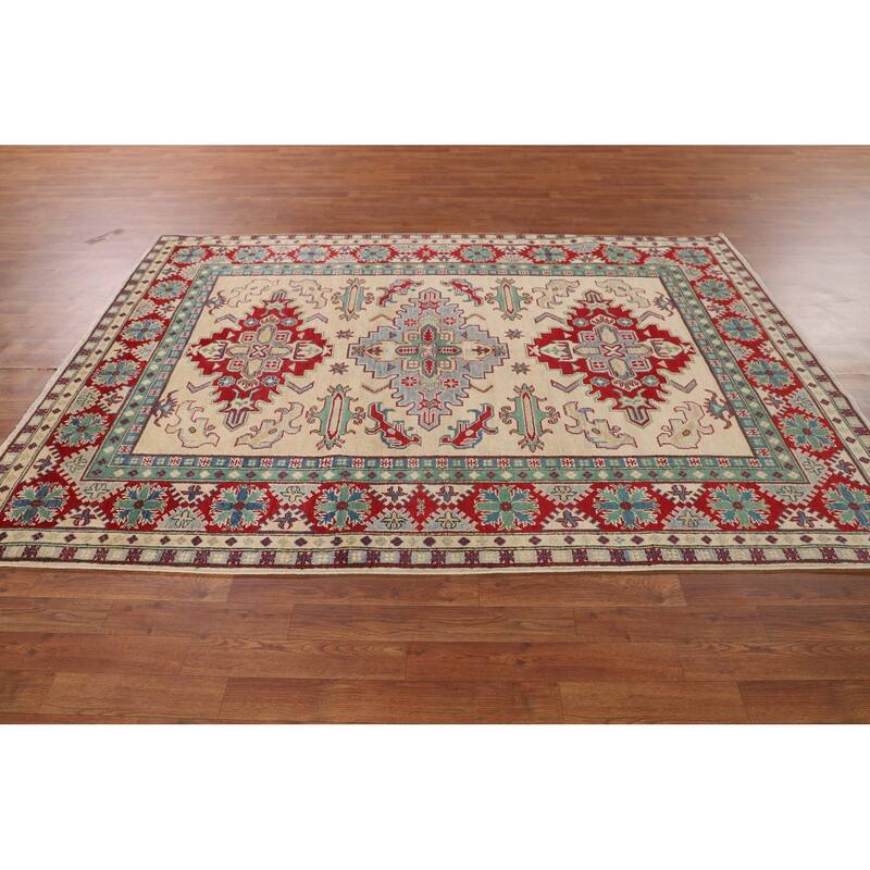 Hand Knotted Oriental 100% Wool Carpet Traditional Geometric Beige & Ivories Kazak Area Rug - 8' 0'' X 5' 8''