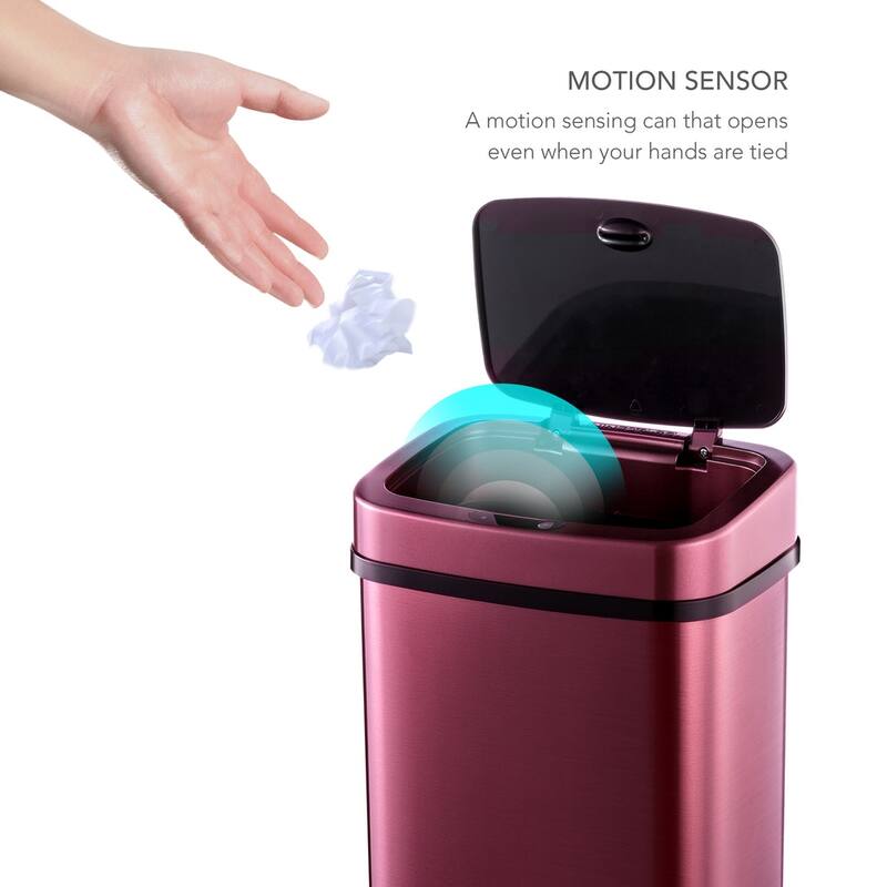 NINESTARS 3.2 Gallon Burgundy Rectangular Motion Sensor Trash Can