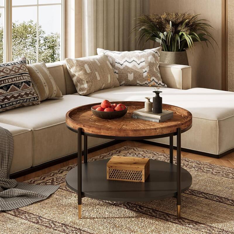 Solid Wood Round Coffee Table, 31.5-Inch Boho Center Tea Table