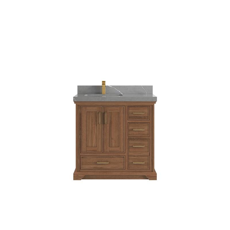 Willow Collections 36 in. W x 22 in. D Charlotte Teak Left Offset Sink Bathroom Solid Teak Vanity with Countertop - 2”Piatra Gray - Dark Natural