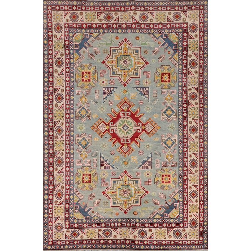 Hand Knotted Oriental 100% Wool Carpet Traditional Geometric Navy Blue & Blues Kazak Area Rug - 9' 8'' X 6' 6''