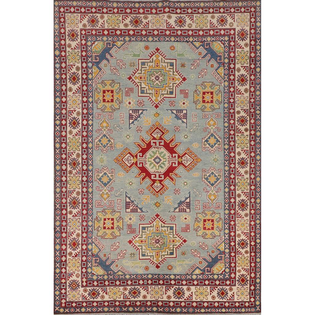 Hand Knotted Oriental 100% Wool Carpet Traditional Geometric Navy Blue & Blues Kazak Area Rug - 9' 8'' X 6' 6''