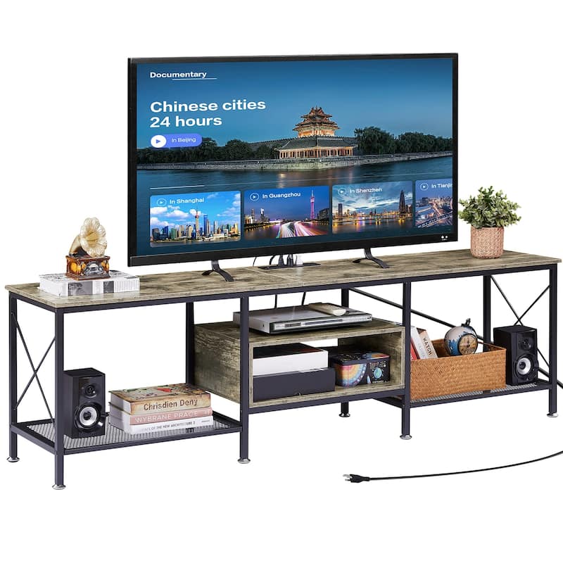 VECELO Wood TV Stand with Charging Station,Storage Shelves Entertainment Center TV Cabinet