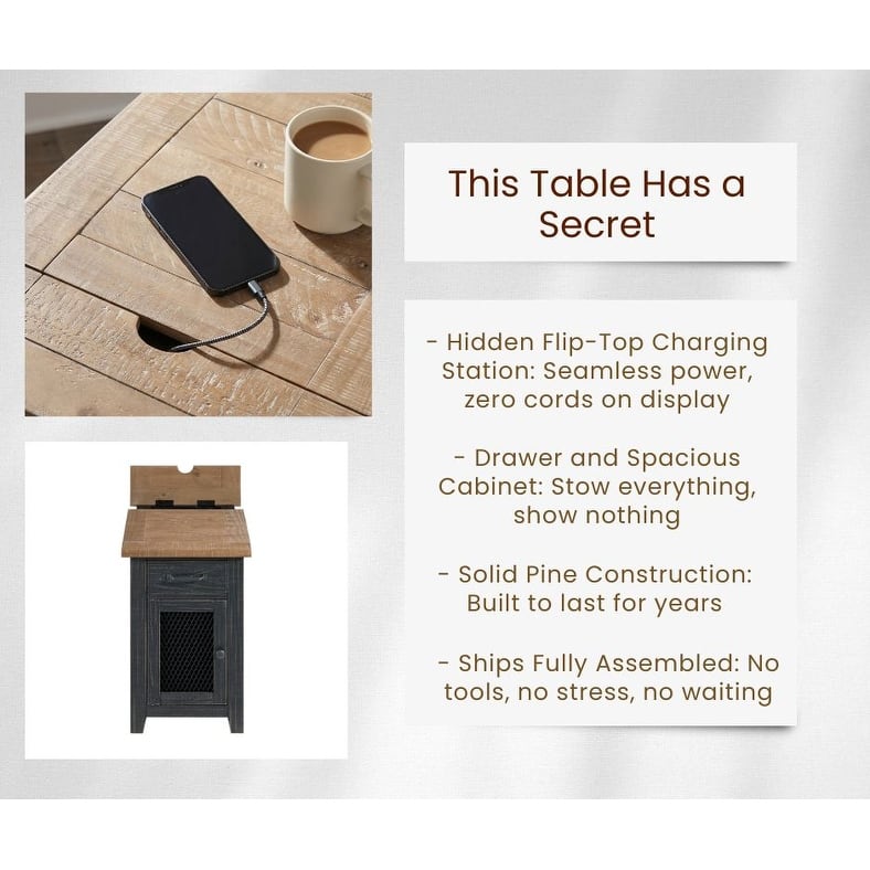 Rustic Solid Wood Chairside End Table with Hidden Charging Station