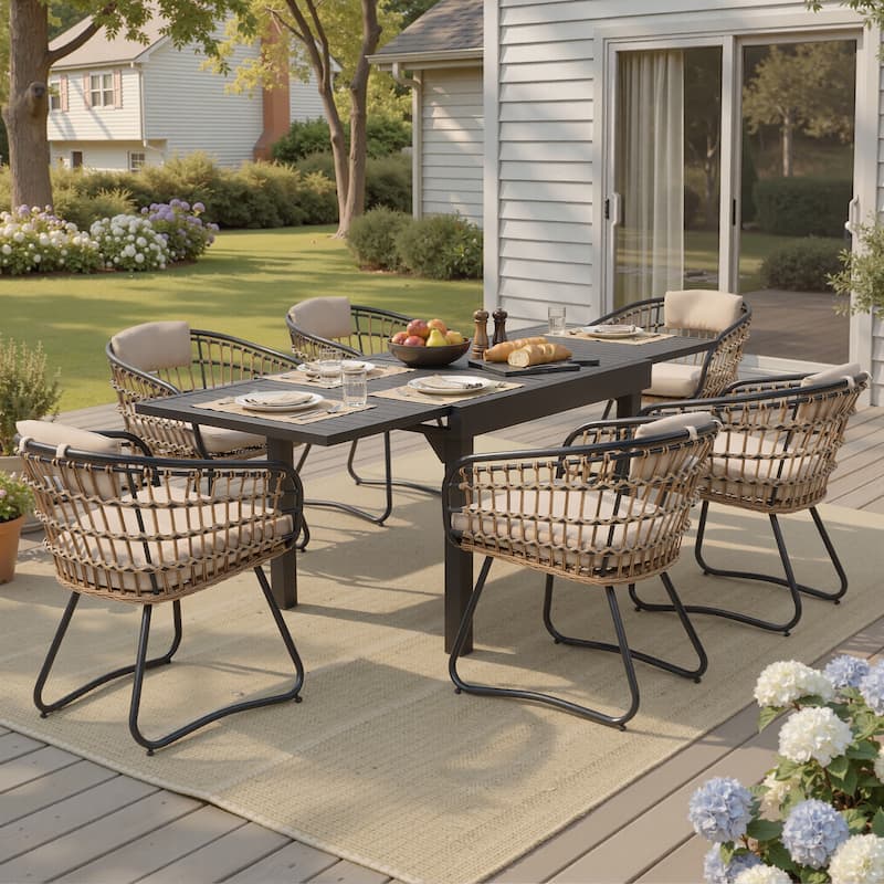 7/11PC Outdoor Aluminum Expandable Patio Dining Sets Extension Table with Rattan Chair - 7PC-BeigeChairs